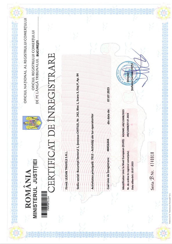 Certificat d'enregistrement - Mentions légales - Lejean Travels